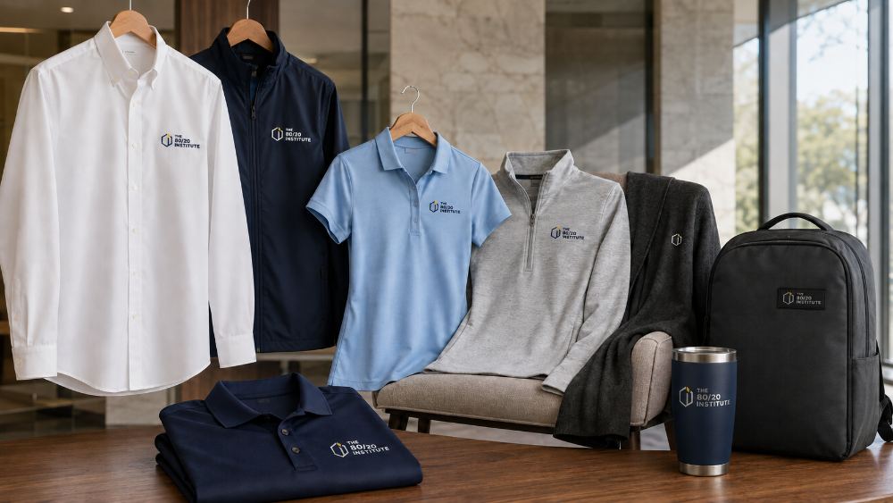 Embroidered corporate polos, button-downs, jackets, bags, and drinkware