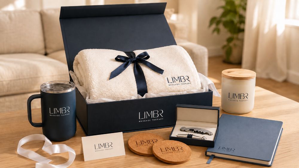 Custom corporate gift box with drinkware, notebook, and branded accessories