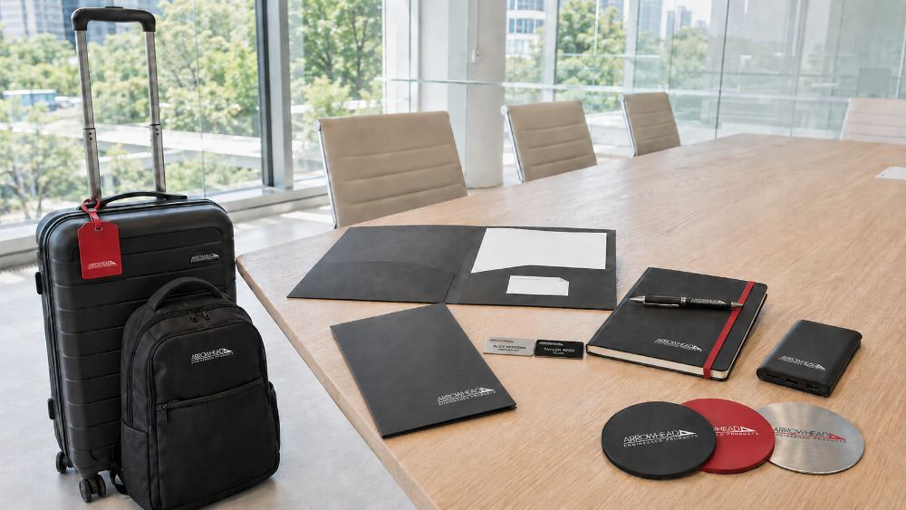 Branded luggage, backpacks, meeting folders, notebooks, and travel accessories